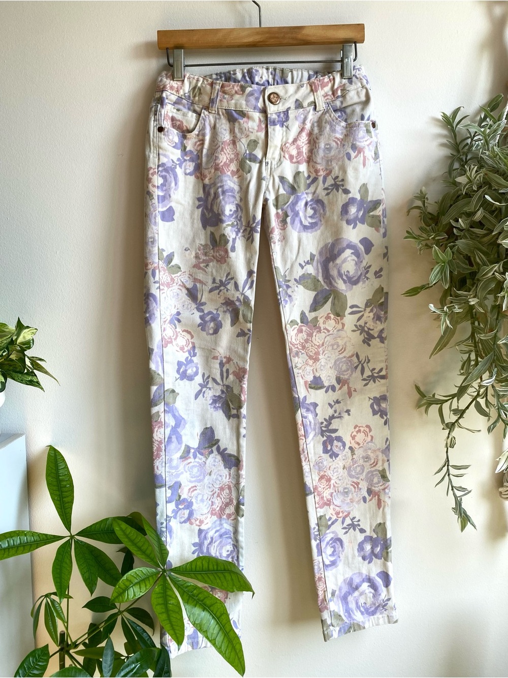 🌸💜 Floral Print Skinny Jeans Lavender Pink & Off White Pastel Cottagecore Preppy